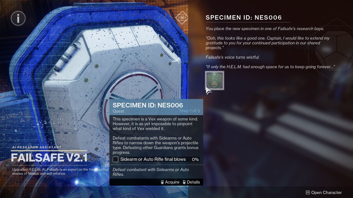 A Guardian picks up the Specimen ID: NES006 from Failsafe in Destiny 2