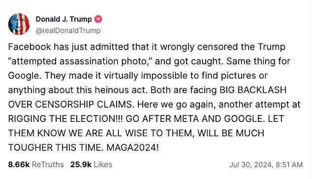 Trump's Truth Social post accusing Facebook and Google of censorship