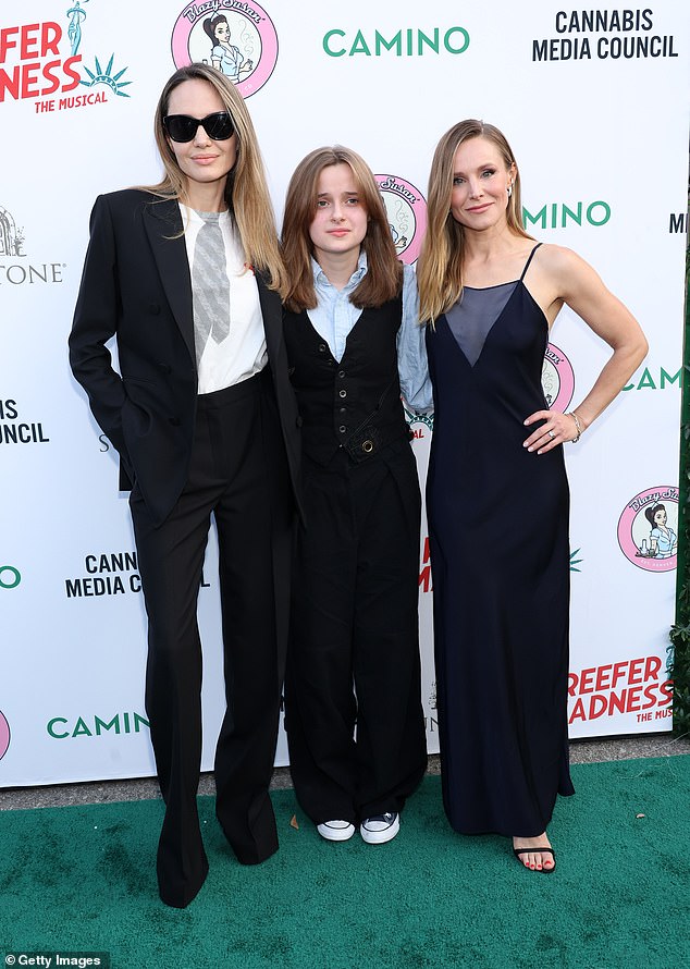 The 48-year-old Oscar winner and the teenager - who is one of six children she shares with ex-husband Brad Pitt - posed for photos with Bell on the red carpet ahead of the performance at The Whitley on the iconic Hollywood Blvd.