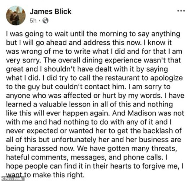 The customer, James Blick, apologized online, before complaining about the 