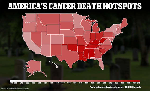 CDC data shows the biggest hotspots for cancer deaths, with Mississippi ranking highest at 985 deaths per 100,000 people