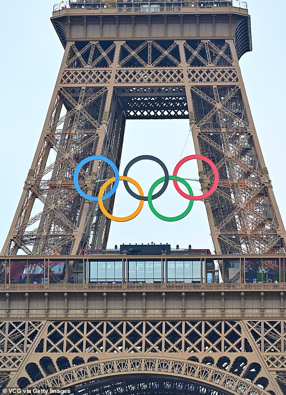 PARIS, FRANCE - JULY 26: The Olympic Rings are seen on the Eiffel Tower prior to the opening ceremony of the Paris 2024 Olympic Games at Place du Trocadero on July 26, 2024 in Paris, France. (Photo by VCG/VCG via Getty Images)