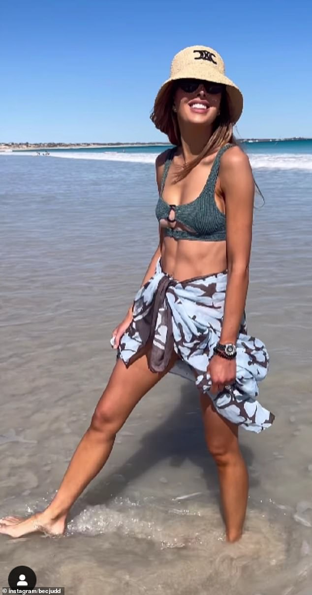 Rebecca Judd sent temperatures soaring on Sunday when she showed off her rock-hard abs in a bikini on social media while on holiday in Broome, Western Australia