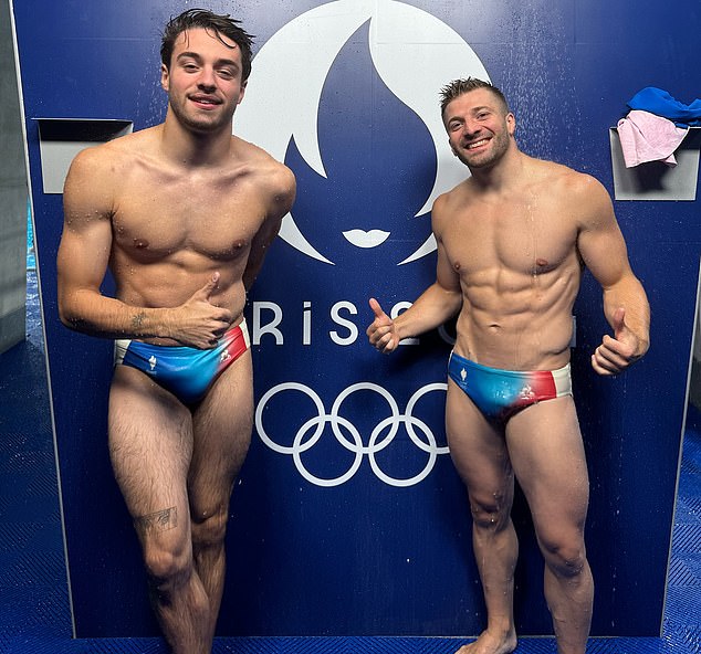 Pictured: Jules Bouyer (left) and Alexis Jandard (right) pose for a photo backstage at the Paris Olympics.