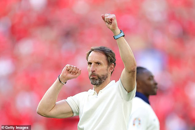 Gareth Southgate celebrates England's 5-4 penalty win over Switzerland