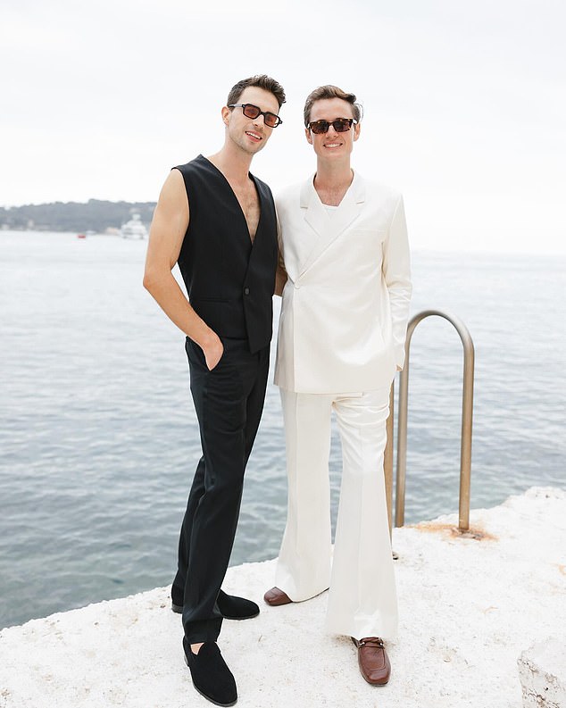 Alexander Porter (right) - whose family owns Australia's leading condom company, Four Seasons - kicked off his wedding celebrations with partner Chris Ledlin (left) in Villefranche-sur-Mer, a French seaside resort 20 minutes from Nice