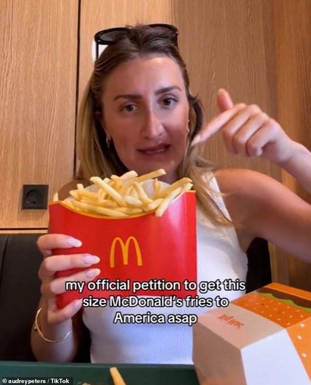 Audrey Peters took to TikTok to share her extra large portion of fries after being shocked by their sheer size, declaring that the mega portion should be sold in McDonald's restaurants in America.