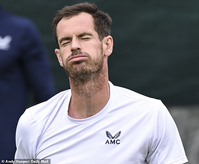 Andy Murray on the Wimbledon practice court yesterday as he tried to get fit for the match
