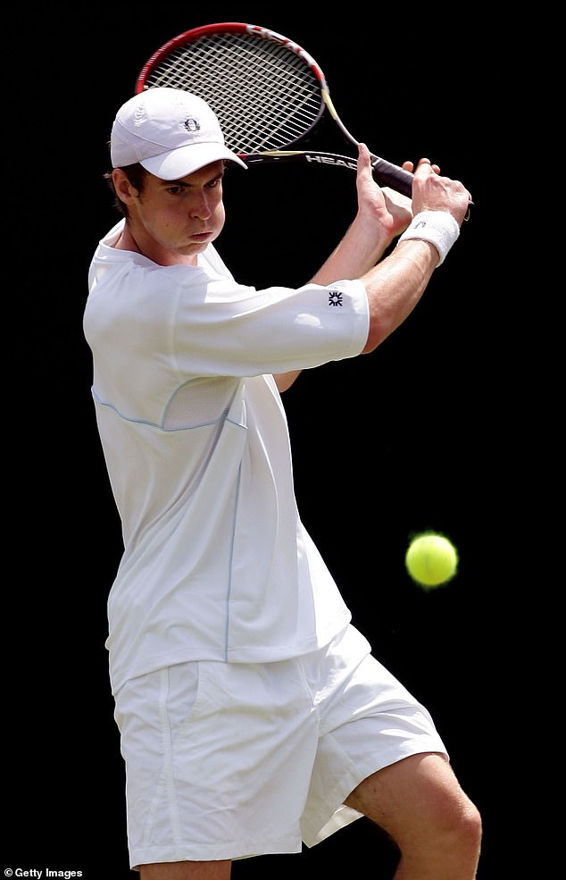 Murray in action against George Bastl of Switzerland during the first round of Wimbledon, June 21, 2005 - his first men's singles match at SW19