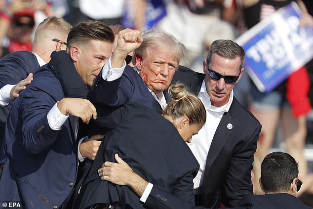 Mr Trump (pictured) was speaking at a rally in Pennsylvania when 20-year-old gunman Thomas Matthew Crooks opened fire on him