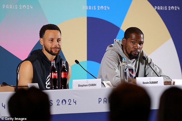 Team USA Basketball stars Steph Curry (left) and Kevin Durant (right) face the media ahead of the Paris 2024 Games