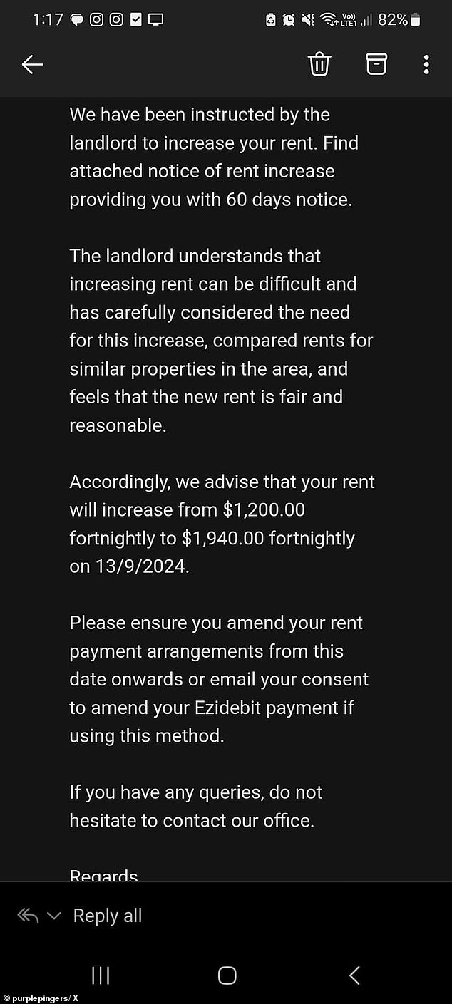 Tenant rights advocate Jordan van den Berg, known online as Purplepingers, shared an email from a letting agent reporting that an anonymous landlord (pictured) had increased the rent.