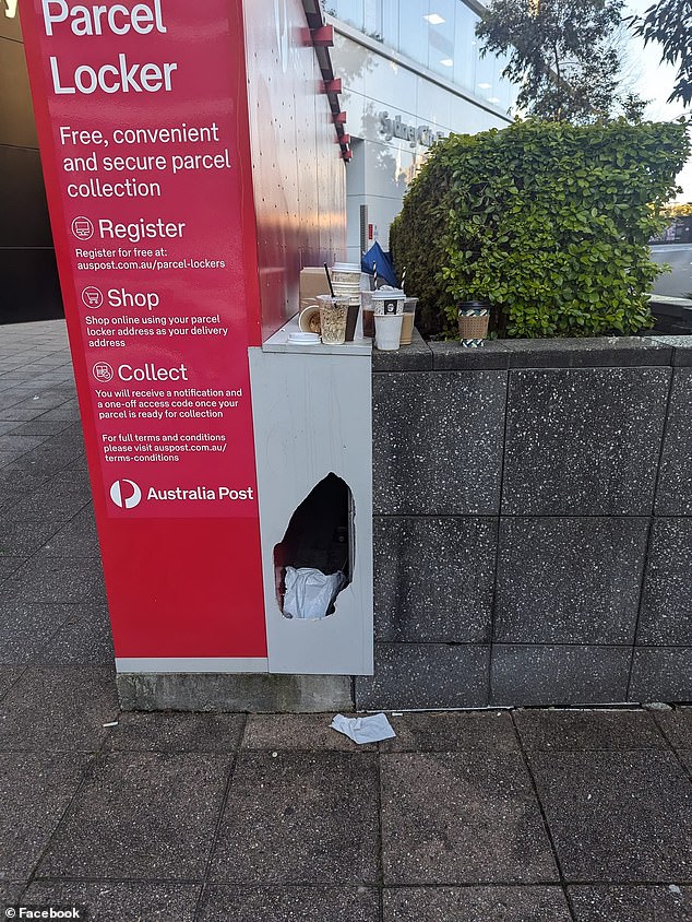 Australians have been caught leaving a 'coffee cup mountain' next to an Australia Post parcel locker in Waterloo, southern Sydney (pictured)