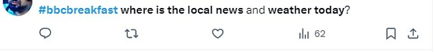 Viewers at home were also dissatisfied, as the presenters failed to acknowledge that local news and weather were missing from the show