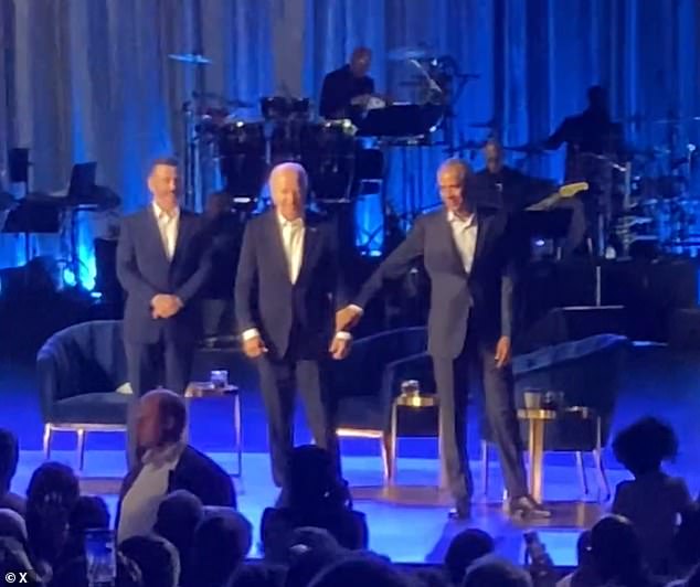 President Barack Obama (right) is seen leading President Joe Biden (center) offstage at the star-studded fundraiser in June with George Clooney, an appearance that led to Clooney encouraging Biden to leave the race.