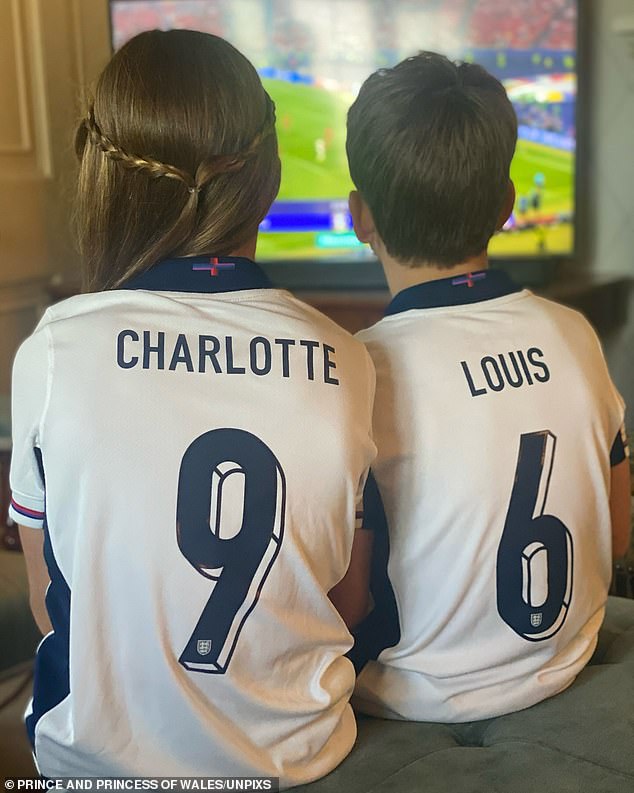 Princess Charlotte and Prince Louis wear England shirts as they watch the Three Lions take on Spain in the Euro 2024 final. The photo was released by the Prince and Princess of Wales after the defeat