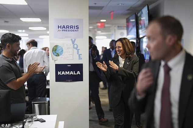 Vice President Kamala Harris visits the Biden-Harris campaign headquarters in Wilmington, Delaware on Monday