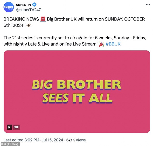 According to Super TV, the 21st series of Big Brother UK will air on October 6, alongside the familiar Late & Live and Live Stream