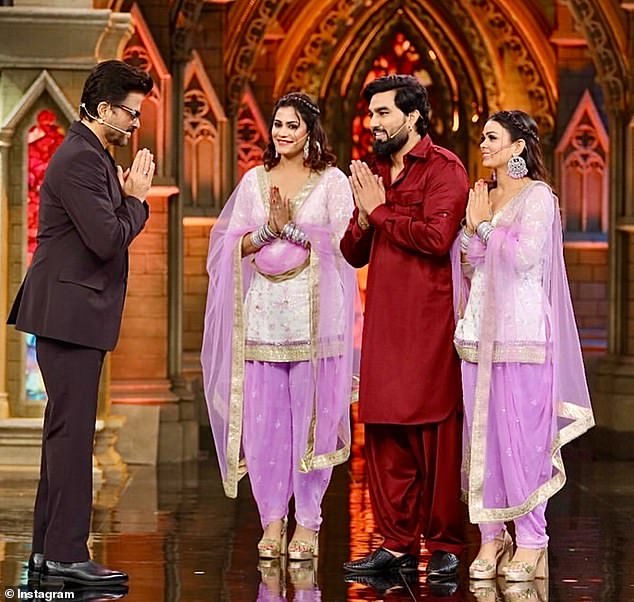 Influencer Armaan Malik, 36, (pictured, center right) and his two wives, Payal (pictured, center left) and Kritika (pictured, right) were brought to Bigg Boss OTT