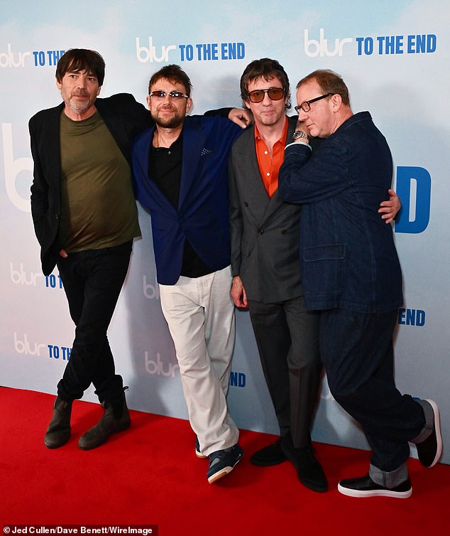 Blur stars Alex James, Damon Albarn, Graham Coxon and Dave Rowntree were all happy as they arrived at their Blur: To The End premiere in London on Tuesday