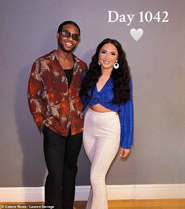 Lauren pictured with Somto, her partner of three years. The couple don't usually talk when they're apart, which means they'll have more to talk about when they get back together