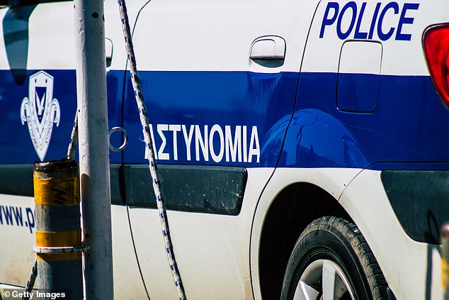 View of a police car parked in the streets of Paphos, Cyprus. A British man has been sentenced to 22 years in prison in Paphos for causing the death of a man after pushing him from his bicycle following a fight in a nightclub