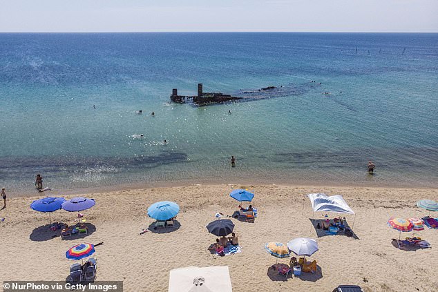Aerial view of the Epanomi shipwreck beach near Potamos and the sandbar beach in a nature reserve near Thessaloniki