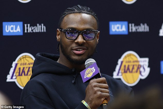 Bronny James speaks to reporters during his first-ever Lakers press conference in Los Angeles