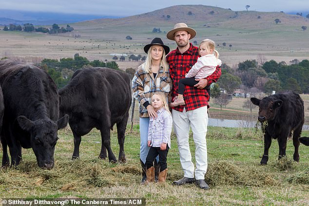 Farmer and former Brumbies rugby star Lachlan McCaffrey (pictured with wife Tash McCaffrey and daughters Harper, 5, and Mia, 2) objects to the Wallaroo Solar Farm