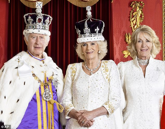 King Charles, Queen Camilla and Annabel Elliot on Coronation Day, May 6, 2023