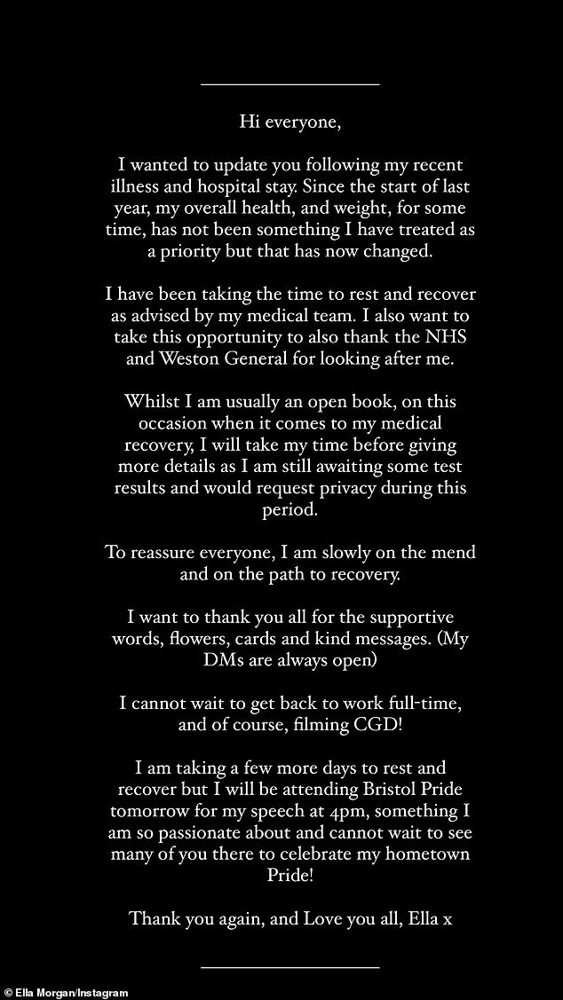 In a lengthy post shared to her Instagram Stories, she gave her followers an update on her hospital stay, thanking the staff and letting them know she was grateful for the support but hoped they would respect her privacy