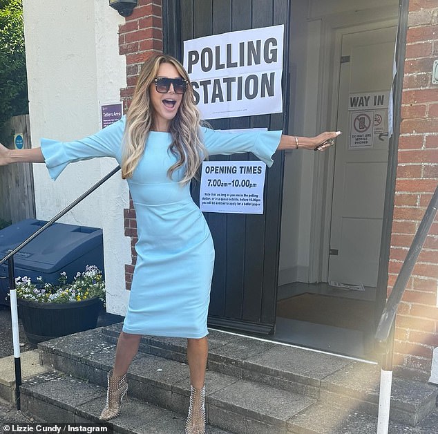 Today the polls opened in the UK for the general election and celebrities including Lizzie Cundy (pictured here) are out and about to cast their votes.