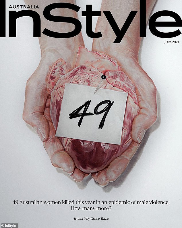 Grace Tame's artwork for the July cover of InStyle Australia (pictured) featured a domestic violence death toll that had to be edited multiple times to keep up with the growing number of alleged victims.