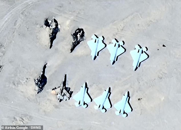 The satellite images, taken by Planet Labs over a remote desert area in northwestern China, show huge scorch marks next to low-tech models of F-35s and F-22s