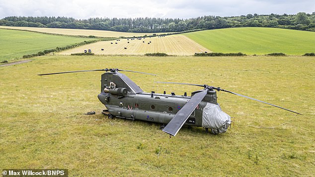 A Chinook helicopter was stranded in a field for four days after making a precautionary landing following a suspected hydraulic failure