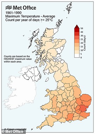 Between 1961 and 1990, only London and Hampshire recorded six or more days with temperatures of 28°C or higher