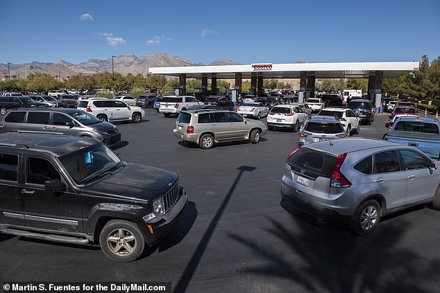 Long lines for gas sometimes exacerbate the problem of maneuverability in Costco parking lots