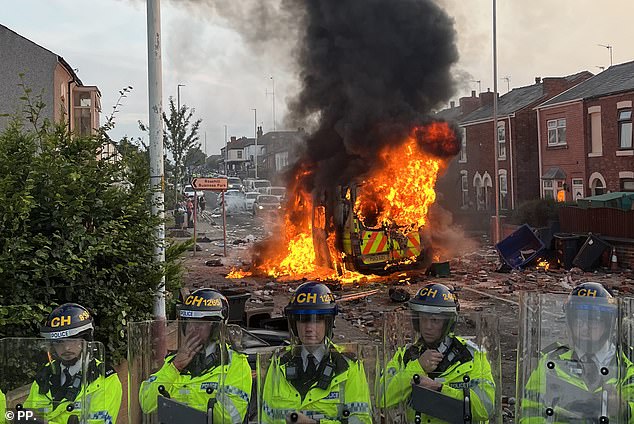 A police van was set on fire outside a mosque in Southport on Tuesday evening as rioting broke out