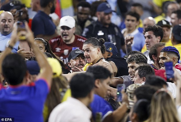 Darwin Nunez (center) is one of 11 Uruguayan players who could face punishment for their role in a brawl with Colombian fans during their Copa America semifinal in Charlotte, N.C.