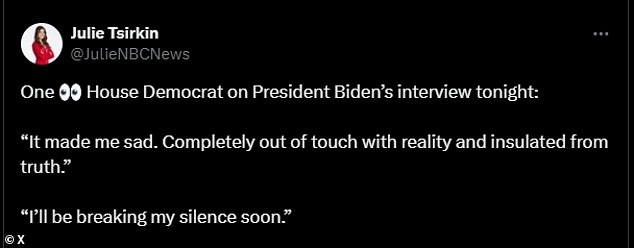 A Democrat in the House of Representatives also told NBC's Julie Tsirkin that the interview made them 