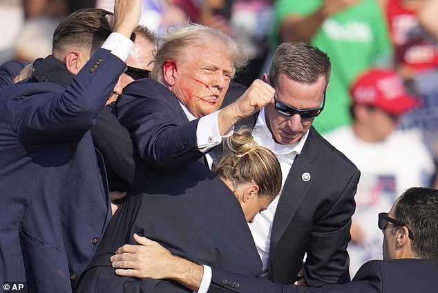 Blood can be seen coming from Donald Trump's ear where he said he was shot. Trolls online claimed the event was staged immediately after it happened