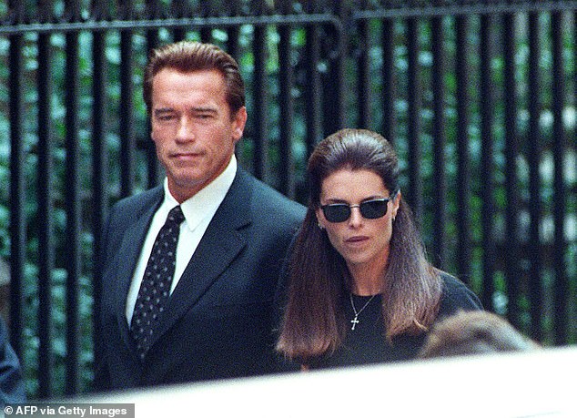 Maria Shriver and her then-husband Arnold Schwarzenegger attend the funeral