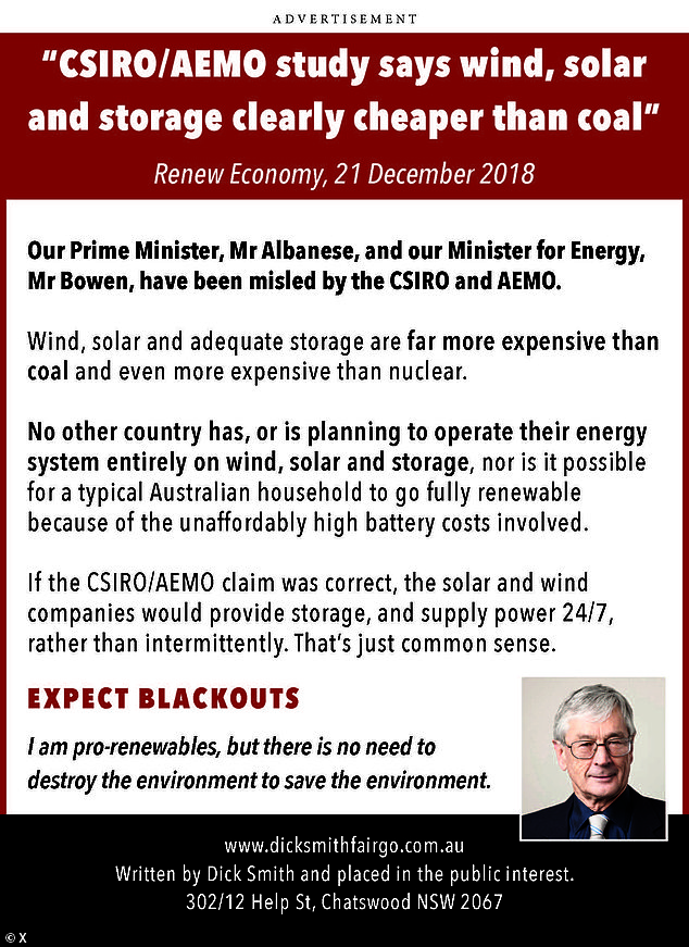 A newspaper advertisement by Mr Smith saying that 'blackouts' should be expected if Australia relies solely on wind and solar power