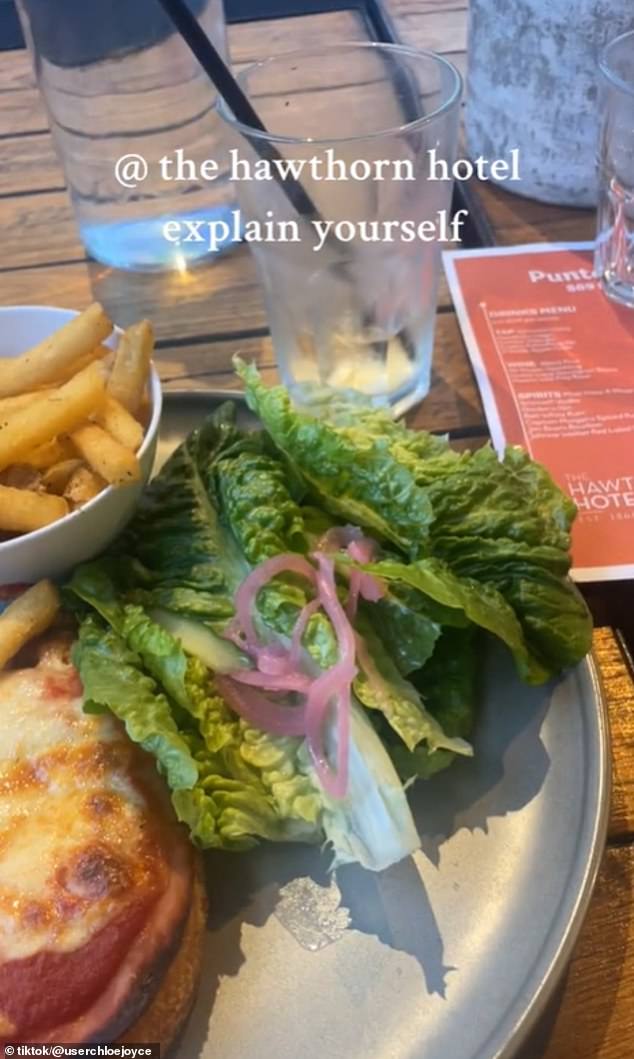 Chloe Joyce ordered a chicken parma, which was served with fries and a homemade salad with strips of lettuce (pictured)