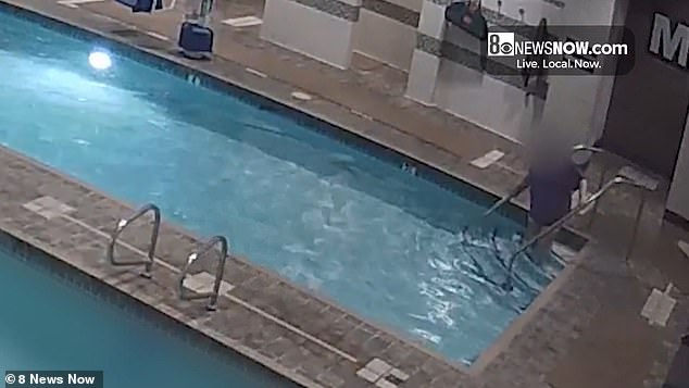 Footage shows Triplett entering the pool on the morning of February 4 and reportedly walking into the building on crutches