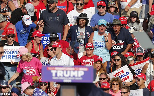 Former President Donald Trump falls after gunfire at his rally. Supporters in the back look around