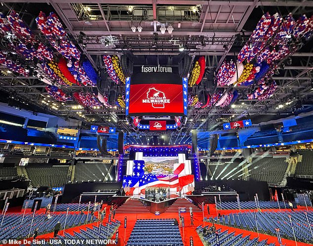 The Fiserv Forum is decorated in red, white and blue (with a bouquet of gold balloons) in preparation for the start of the Republican National Convention on Monday.