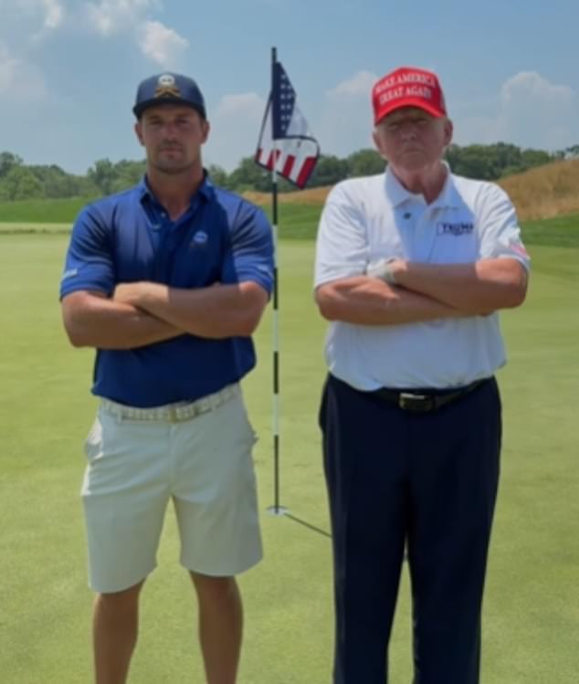 Bryson DeChambeau (left) has announced a new YouTube video with Donald Trump after playing a round of golf with the former US president