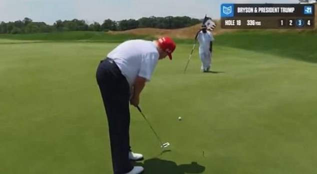 Trump ended his video with DeChambeau hitting a putt from 12 feet away from the hole