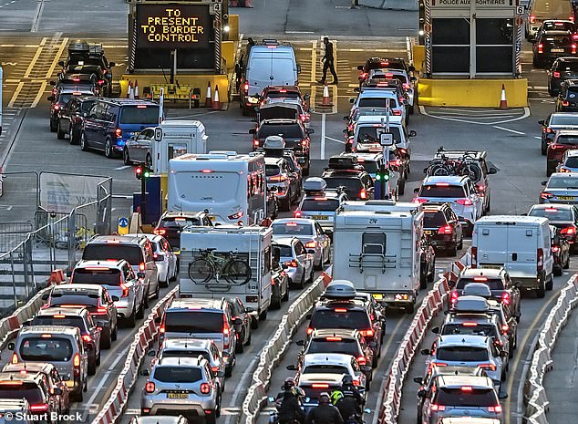 Britons travelling to the EU from 17 November will have their fingerprints scanned, a photo taken and be required to show their passport when they first enter Europe. Pictured: Cars queue at the Port of Dover in Kent